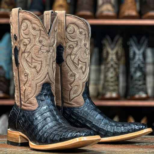 Tanner Mark Boots Boots Tanner Mark Men's Genuine Caiman Belly Square Toe Boots Black TM208040