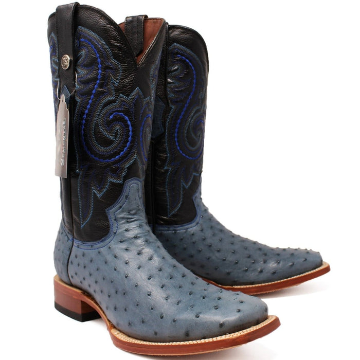 Tanner Mark Boots Boots Tanner Mark Men's Genuine Full Quill Ostrich Square Toe Boots Blue JEAN TMX200502