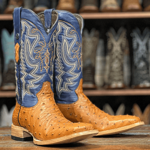 Tanner Mark Boots Boots Tanner Mark Men's Genuine Full Quill Ostrich Square Toe Boots Brandy TMX208023