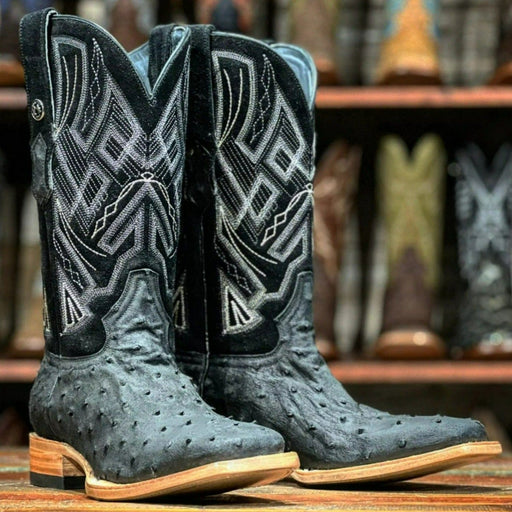 Tanner Mark Boots Boots Tanner Mark Men's Genuine Full Quill Ostrich Square Toe Boots Mojave Black TMX208031