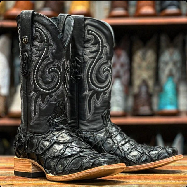 Tanner Mark Boots Boots Tanner Mark Men's Genuine Monster Fish Leather Square Toe Boots Black TMX201308