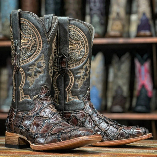 Tanner Mark Boots Boots Tanner Mark Men's Genuine Monster Fish Leather Square Toe Boots Brown TMX201307