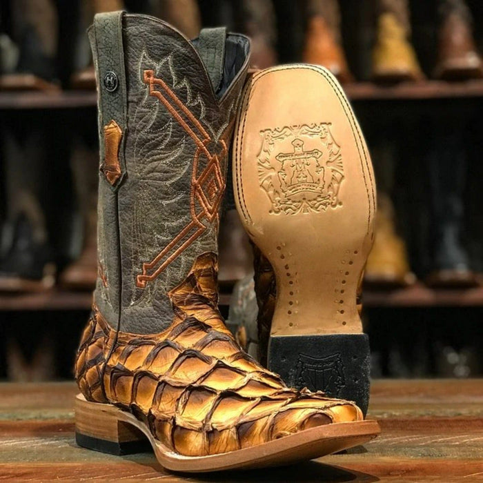 Tanner Mark Boots Boots Tanner Mark Men's Genuine Monster Leather Fish Square Toe Boots Brandy TMX208019