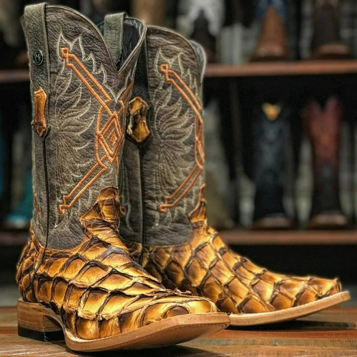 Tanner Mark Boots Boots Tanner Mark Men's Genuine Monster Leather Fish Square Toe Boots Brandy TMX208019