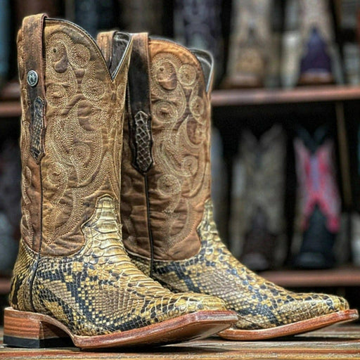 Tanner Mark Boots Boots Tanner Mark Men's Genuine Python Square Toe Boots Antique Saddle TMX200422