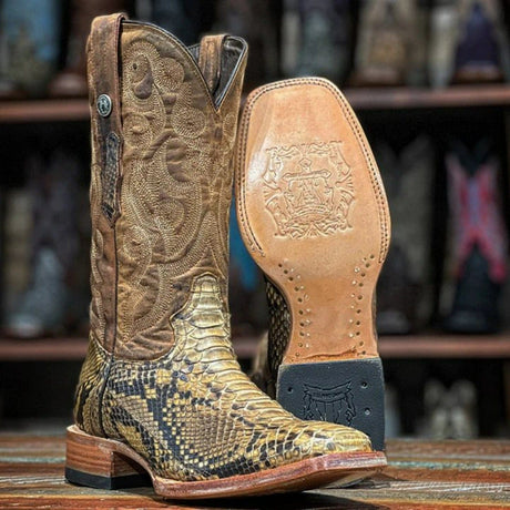 Tanner Mark Boots Boots Tanner Mark Men's Genuine Python Square Toe Boots Antique Saddle TMX200422