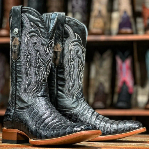 Tanner Mark Boots Boots Tanner Mark Men's Lufkin Print Caiman Tail Square Toe Boots Black TM201705