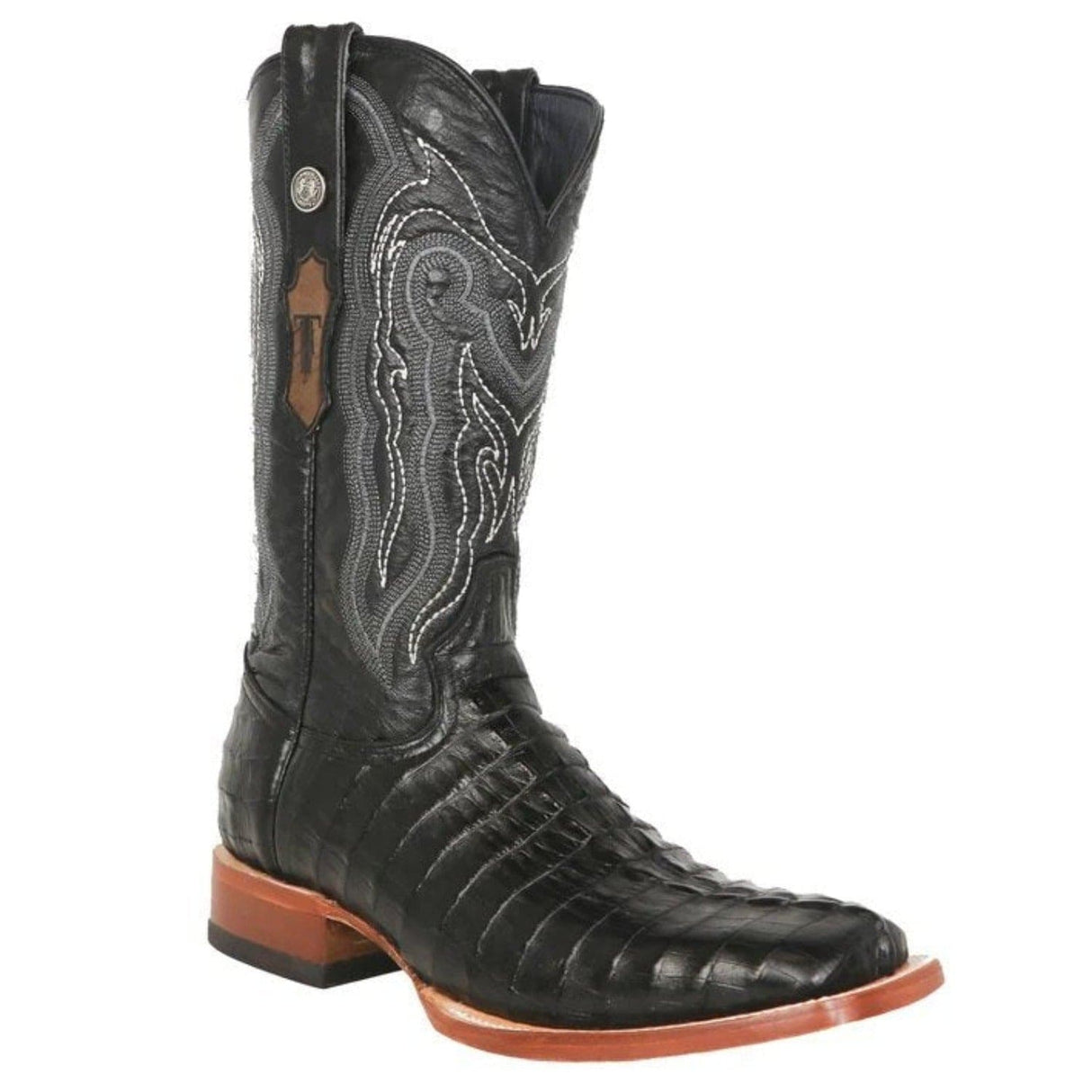 Tanner Mark Boots Boots Tanner Mark Men's Lufkin Print Caiman Tail Square Toe Boots Black TM201705