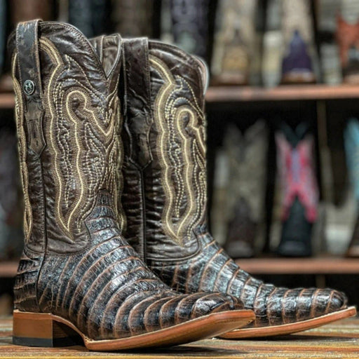 Tanner Mark Boots Boots Tanner Mark Men's Marshall Print Caiman Tail Square Toe Boots Brown TM201704
