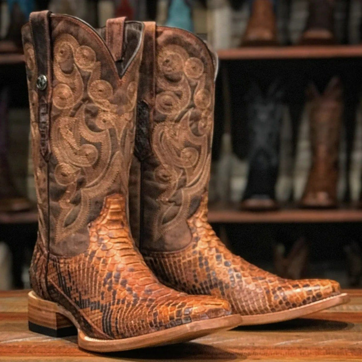 Tanner Mark Boots Boots Tanner Mark Men's Medina Genuine Python Square Toe Boots Brandy TMX200425