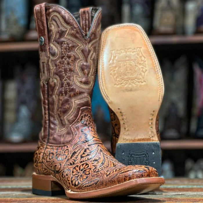 Tanner Mark Boots Boots Tanner Mark Men's Sawyer Hand Tooled Square Toe Boots Cognac TM201706