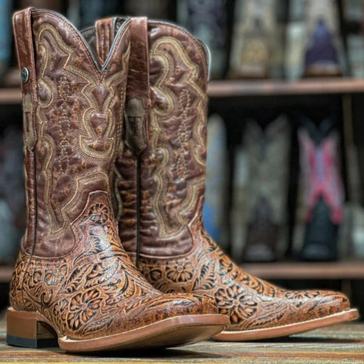 Tanner Mark Boots Boots Tanner Mark Men's Sawyer Hand Tooled Square Toe Boots Cognac TM201706
