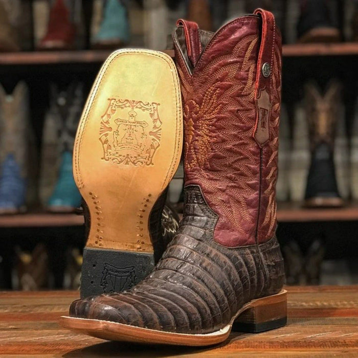 Tanner Mark Boots Boots Tanner Mark Men's The Bandit Print Caiman Tail Square Toe Boots Chocolate TM205538