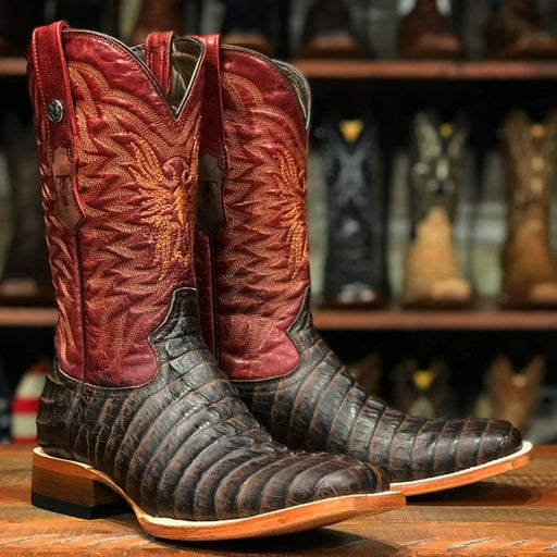 Tanner Mark Boots Boots Tanner Mark Men's The Bandit Print Caiman Tail Square Toe Boots Chocolate TM205538