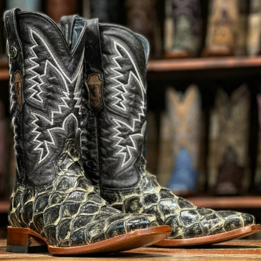 Tanner Mark Boots Boots Tanner Mark Sterling Men's Print Monster Fish Square Toe Boots Rustic Black TM201714