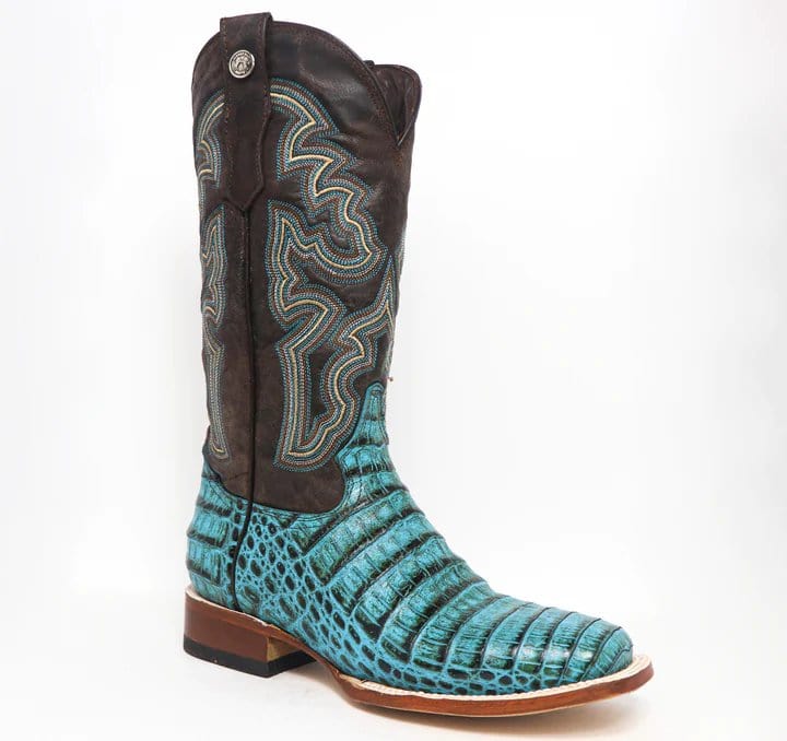 Tanner Mark Boots Boots Tanner Mark Women's 'Agave Sky' Print Caiman Belly Square Toe Boots Turquoise TML207070
