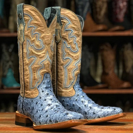 Tanner Mark Boots Boots Tanner Mark Women's 'Bluebonnet' Ostrich Print Square Toe Boots Blue Denim TML207061 TML207061