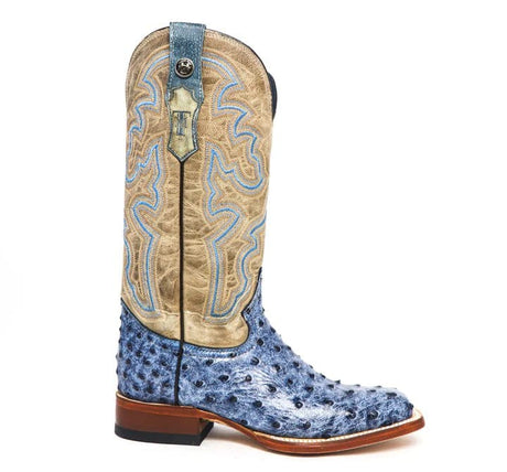 Tanner Mark Boots Boots Tanner Mark Women's 'Bluebonnet' Ostrich Print Square Toe Boots Blue Denim TML207061 TML207061