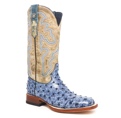 Tanner Mark Boots Boots Tanner Mark Women's 'Bluebonnet' Ostrich Print Square Toe Boots Blue Denim TML207061 TML207061