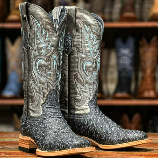 Tanner Mark Boots Boots Tanner Mark Women's Full Quill Ostrich Square Toe Boots Blue Denim TMLX20107