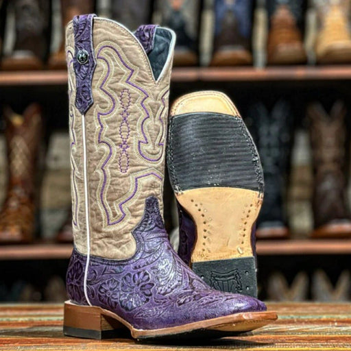 Tanner Mark Boots Boots Tanner Mark Women's Hand Tooled Square Toe Leather Boots Grape TML207099
