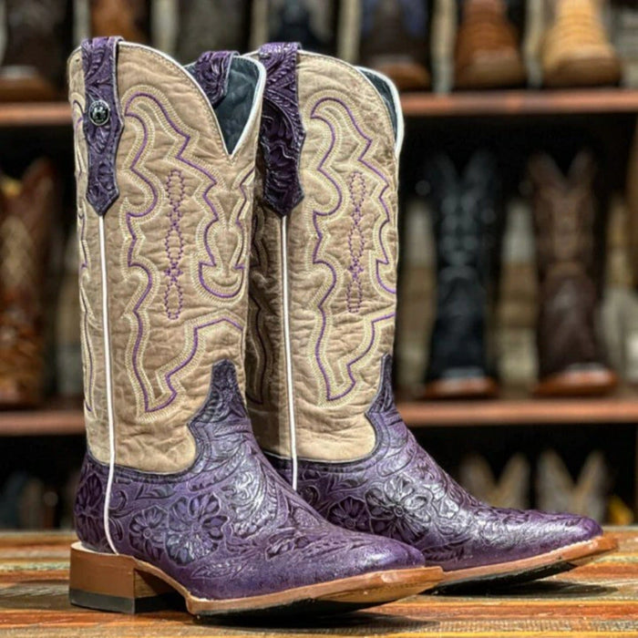Tanner Mark Boots Boots Tanner Mark Women's Hand Tooled Square Toe Leather Boots Grape TML207099