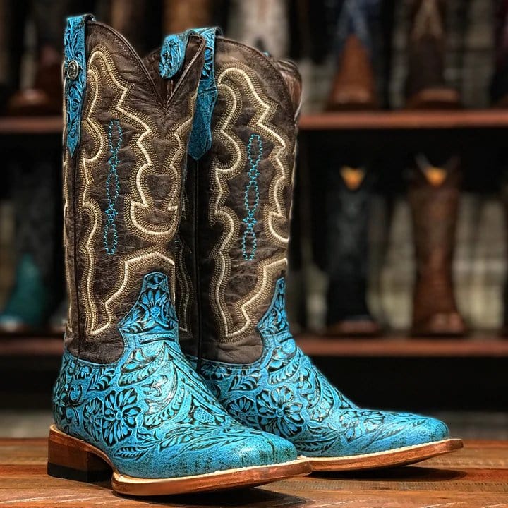 Tanner Mark Boots Boots Tanner Mark Women's 'Misty" Hand Tooled Square Toe Leather Boots Turquoise TML207067