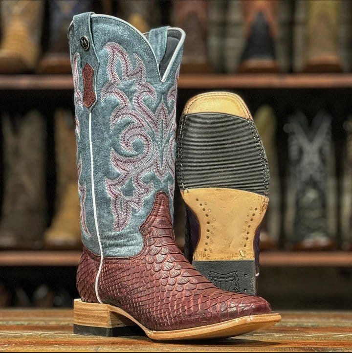 Tanner Mark Boots Boots Tanner Mark Women's Square Toe Genuine Python Boots Burgundy TMLX20109