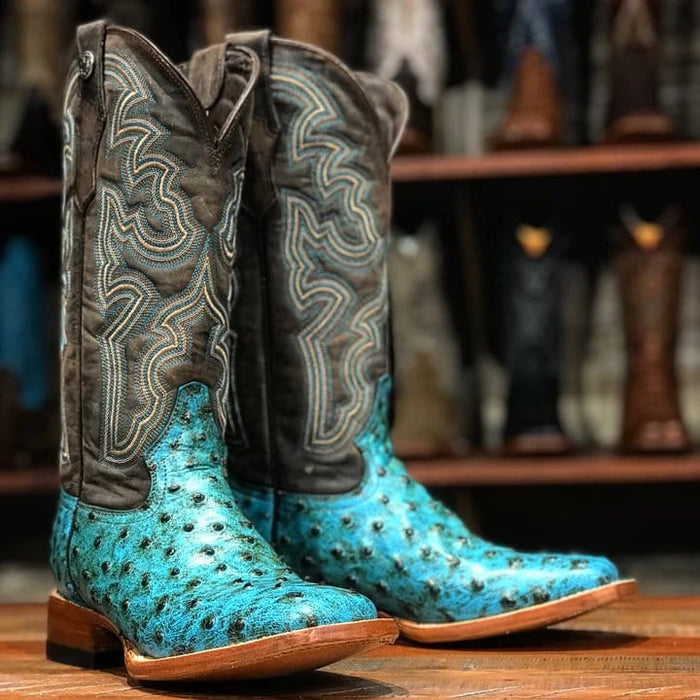 Tanner Mark Boots Boots Tanner Mark Women's 'Sweetwater' Ostrich Print Square Toe Boots Turquoise TML207060