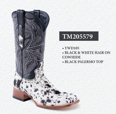 Tanner Mark Boots Boots White / 6 Tanner Mark Men's Square Toe Leather Boots Black & White Hair Cowhide TM205579