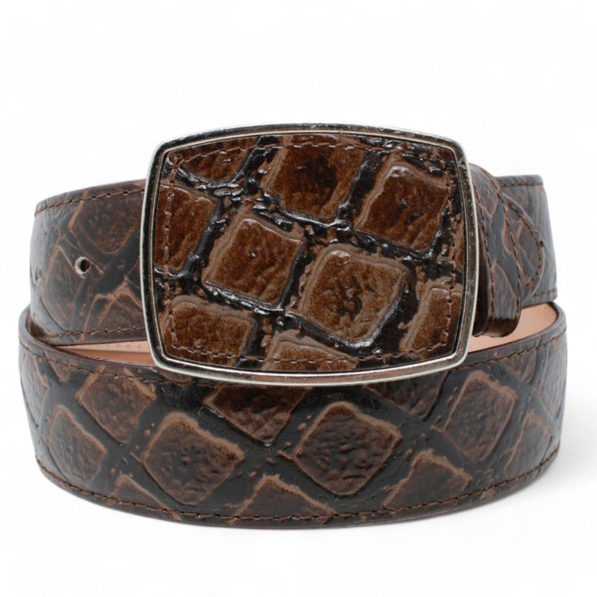 White Diamonds Boots Belts 32 / Chocolate Original Pirarucu Print Leather Belt with Metal Buckle