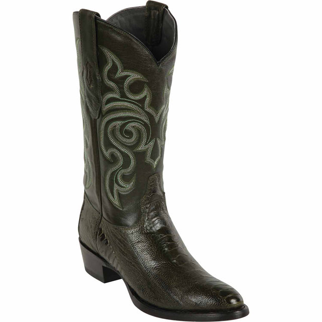 Western Genuine Ostrich Leg Round Toe Boots Olive Green Color - Los Altos Boots - Side View