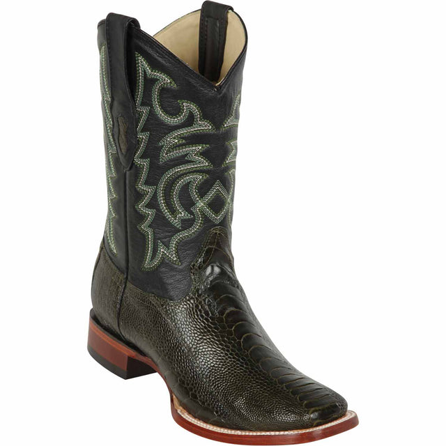 Western Genuine Ostrich Leg Skin Wide Square Toe Boots Olive Green Color - Los Altos Boots - Side View 