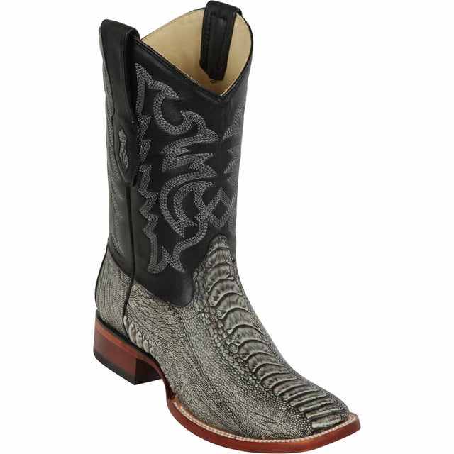 Western Genuine Ostrich Leg Skin Wide Square Toe Boots Rustic Black Color - Los Altos Boots - Side View 