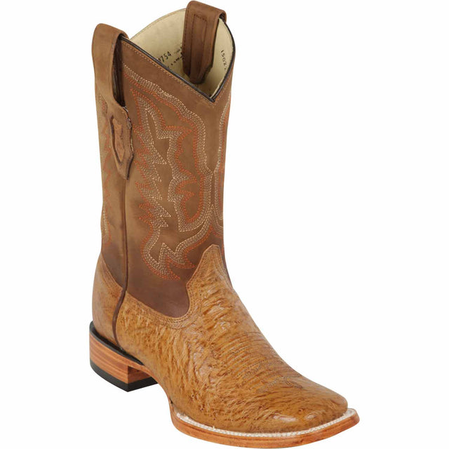 Western Genuine Smooth Ostrich Skin Rodeo Wide Square Toe Boots Ambar Color - Los Altos Boots - Side View 