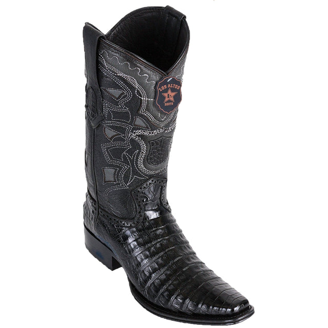 Western Genuine Caiman Belly Skin European Square Toe Boots Black Color - Los Altos Boots - Side View 