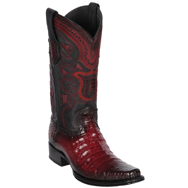 Western Genuine Caiman Belly Skin European Square Toe Boots Faded Burgundy Color - Los Altos Boots - Side View 