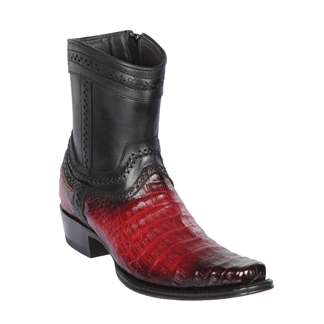 Men's Genuine Caiman Belly Skin European Square Toe Short Boots With Zipper Faded Burgundy Color - Los Altos Boots
