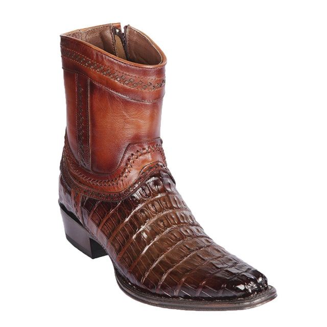 Men's Genuine Caiman Tail Skin European Square Toe Short Boots With Zipper Faded Brown Color - Los Altos Boots