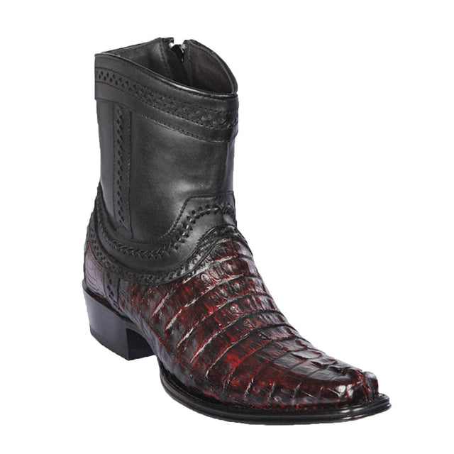 Men's Genuine Caiman Tail Skin European Square Toe Short Boots With Zipper Black Cherry Color - Los Altos Boots