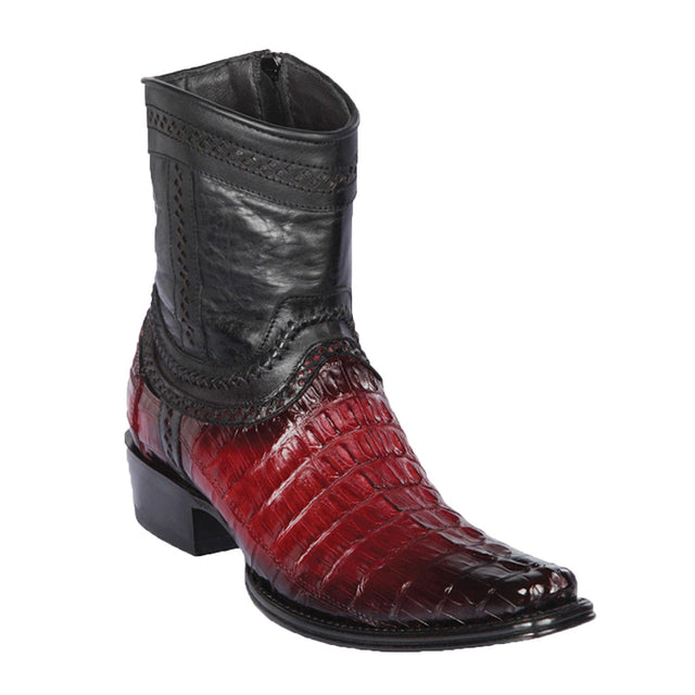 Men's Genuine Caiman Tail Skin European Square Toe Short Boots With Zipper Faded Burgundy  Color - Los Altos Boots