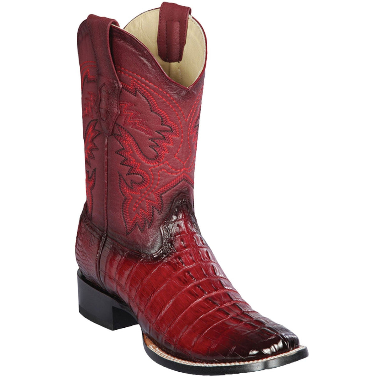 Men's Genuine Caiman Tail Skin Rodeo Wide Square Toe Boots Faded Burgu ...