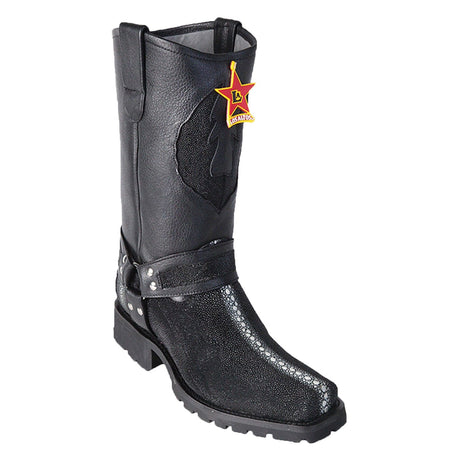 Western Genuine Stingray Skin Row Stone Biker Boots Black Color - Los Altos Boots - Side View