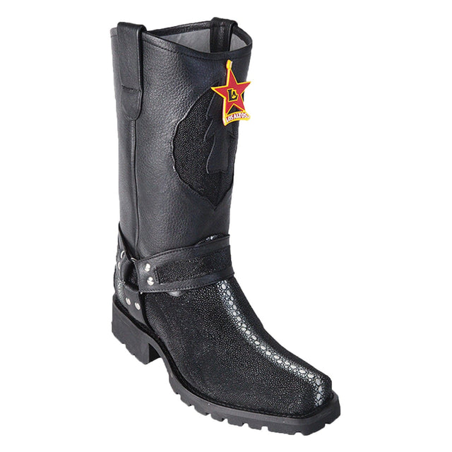 Western Genuine Stingray Skin Row Stone Biker Boots Black Color - Los Altos Boots - Side View