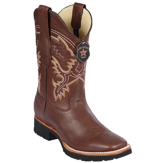 Western Genuine Grisly Leather Rodeo Wide Square Toe Boots Brown Color - Los Altos Boots - Side View