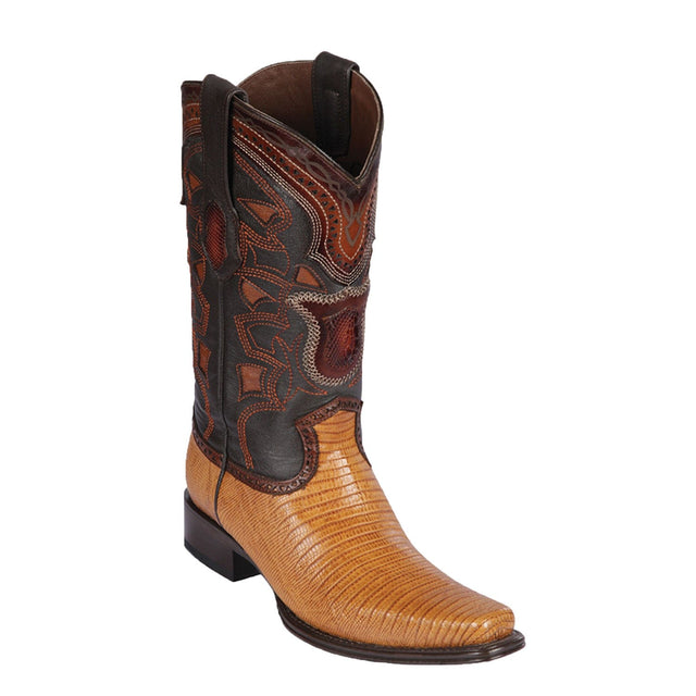 Western Genuine Teju Lizard Skin European Square Toe Boots Antique Saddle Color - Los Altos Boots - Side View 