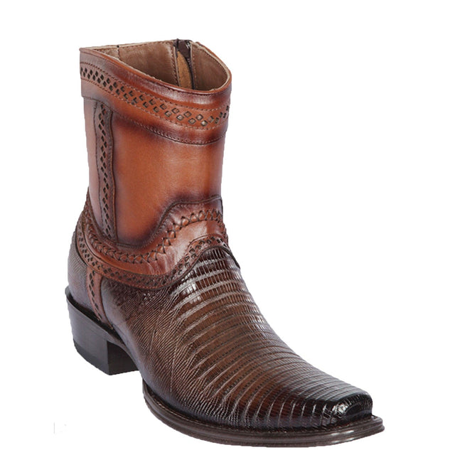 Men's Genuine Teju Lizard Skin European Square Toe Short Boots With Zipper Faded Brown Color - Los Altos Boots