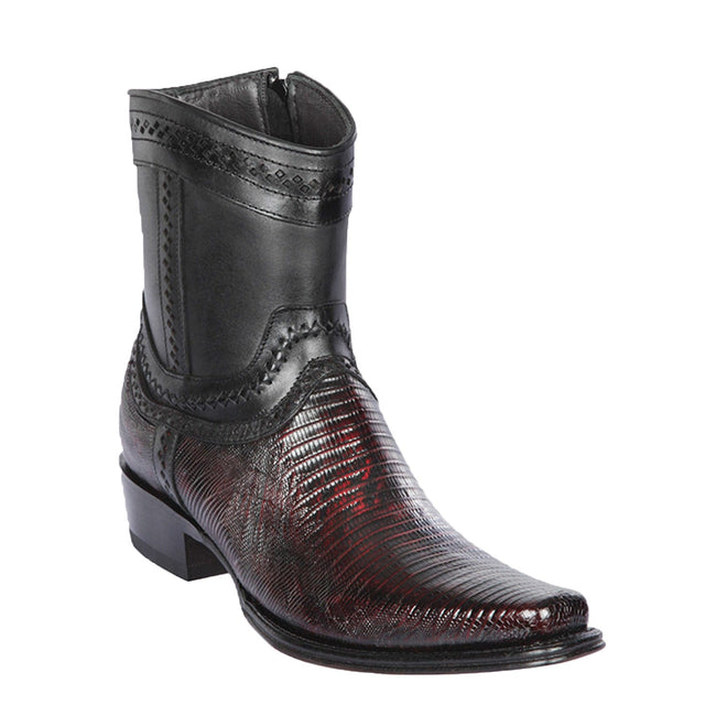 Men's Genuine Teju Lizard Skin European Square Toe Short Boots With Zipper Black Cherry Color - Los Altos Boots