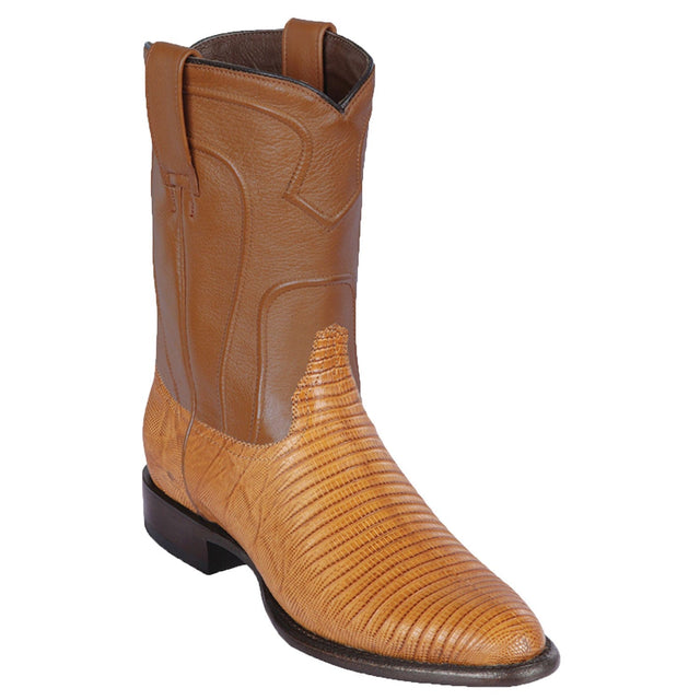 Western Genuine Teju Skin Roper Toe Boots Antique Saddle Color - Los Altos Boots - Side View 