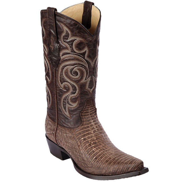 Western Genuine Teju Lizard Skin Snip Toe Boots Sanded Brown Color - Los Altos Boots - Side View 